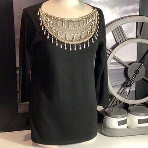 Bob Mackie Wearable Art Black Pearl Bead Embellished 3/4 Sleeve Sweater Sz XS